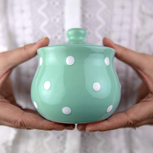 City to Cottage | Sucrier Pot de sucre | bleu turquoise à pois blancs en céramique avec couvercle fait et peint à la main
