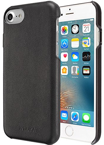 WIIUKA Echt Lederhülle - Touch - kompatibel mit Apple iPhone SE (2022/2020) / 8/7 Hülle mit Kantenschutz, extra Dünn, Tasche Schwarz, Case
