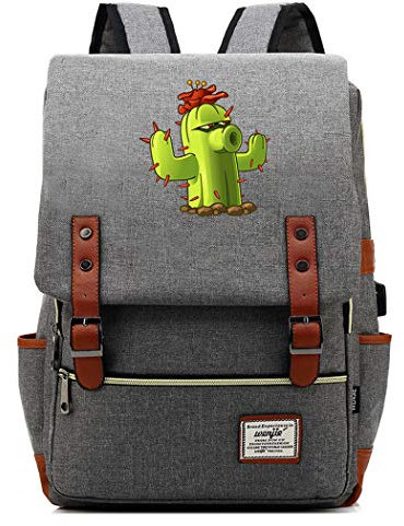 WANHONGYUE Plants vs. Zombies Spiel Schulrucksack Schulranzen Studententasche Vintage Backpack 15,6 Zoll Laptop Rucksack mit USB-Ladeanschluss Light Grey / 2