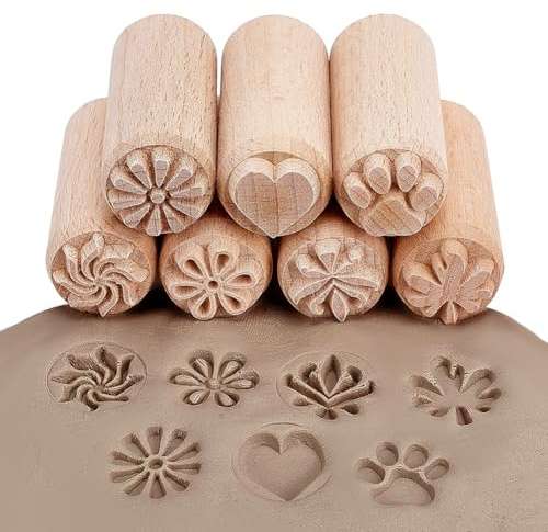 OLYCRAFT 7 st keramikverktyg i trä frimärken kolumn träfrimärken naturliga trästämplar med blandade mönster för lera julklapp, 50 x 20 mm (2