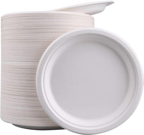 Pack of 50 Large Strong Disposable Plates ECO Friendly Biodegradable Compostable Super Rigid Plate 23cm Dinner Plates => Ideal for All Occassions Perfect for Picnics BBQs Birthday Party