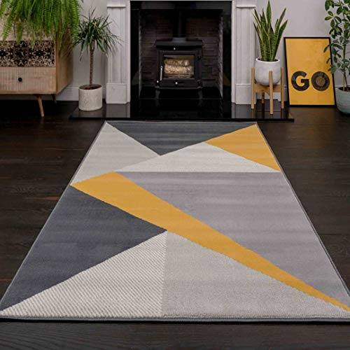 Ochre Mustard Grey Patchwork Geometric Carpet Rug Durable Yellow Slate Bedroom Lounge Living Room Area Rugs 120cm x 170cm