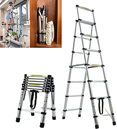 6+7 Step Ladder Extendable for Household, Telescopic Aluminum Folding Extension StepLadders with Anti-Slip Rubber Feet and Safety Lock 330lbs Load Capacity EN131 Standard