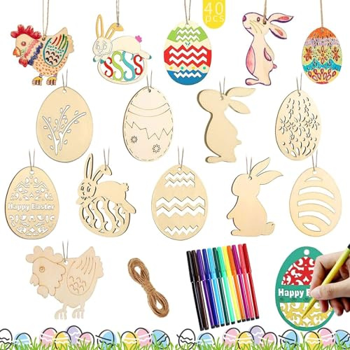 Seasboes Osteranhänger aus Holz, 40 Ostereier Deko, Ostern Basteln, Ostern Holzanhänger, Bemalen Osterhasen Zum AufhäNgen DraußEn für DIY Osterdeko Frühlingsdeko, Holz Bastelset Kinder, Deko Ostern