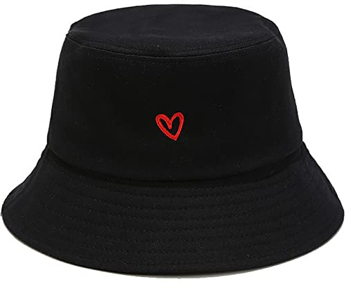 XYIYI Herz Schwarz Mode Embroidered Fischerhüte Baumwolle Strand Sonnenhut Fischerkappe für Damen Jugendliche