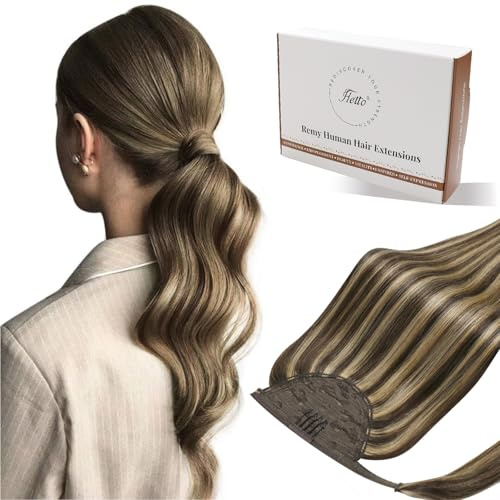 Hetto Extensions Echthaar Zopf Mittelbraun mit Karamellblond Highlights 40cm 80g - Zopfverlängerung mit Hoher Frisur-Stabilität, Für Sleek Look, High Pony und Social-Media Trends #p4/27