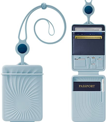 BONE Reisepasshülle mit Halsband zum Umhängen, Tragbare Reisepass Tasche, Ausweistasche für Damen Herren, Schutzhülle Tasche für Kreditkarten, Familie Reiseorganizer, mit SIM Ausdrückstift, Blau