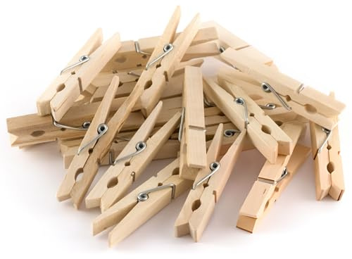 24 Wooden Clothes Pegs for Washing Line | Laundry Pegs with Metal Coil Spring for Small Laundry Items | Wooden Pegs for Washing Line, DIY Projects & Woodcrafts | UK Traditional Laundry Pegs