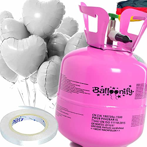 Helium Ballongas + Herz Folienballons + Ballonband | 20er Heliumflasche + Knickventil + 8 Ballonherzen + 10m Band | Luftballon Herzen Geburtstag Party Hochzeit, Edition: Set mit Weißen Herzballons