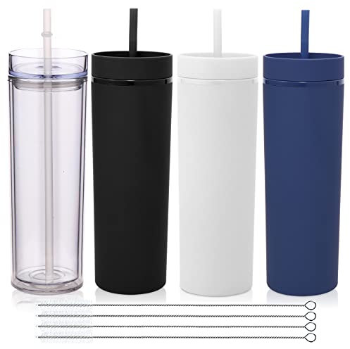 Volhoply 600ml Vasos de Plástico 4 Pack,Vaso de Doble Pared con Tapa y Pajita,Taza de Café Helado de Viaje Reutilizable,Tumbler de Agua de Acrílico Mate Sin BPA para Fiestas,Regalos (Surtido,4 Set)