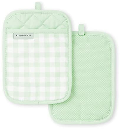 KitchenAid Gingham Pot Holder 2-Pack Set, Pistachio, 7x10