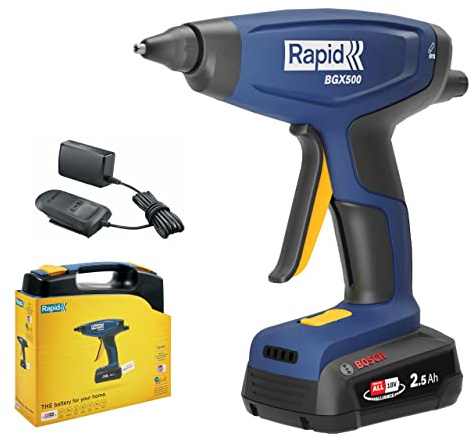 Rapid BGX500 18V Battery-Powered Cordless Glue Gun DIY with Quick Warm-Up | Glue Flow Adjuster, LED Heat Indicator, Perfect for DIY and Installation, with Battery and Charger (5001515)