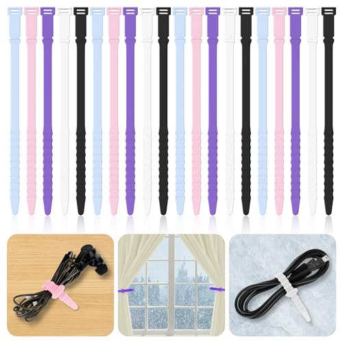 Reusable Cable Ties 7inch Silicone Cable Ties, 20pcs Reusable Zip Ties Elastic Silicone Cord Organizer Straps Ties for Charging Cables USB Cables Earphones Cable Audio(18cm, 20pcs, Cold-Color)