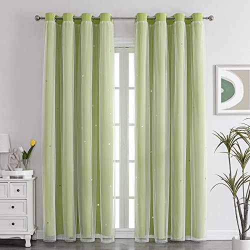 Nyescasa Verdunklungs Vorhänge mit Höhlen mit Voile 2er Set 183x132cm Grün | Kinderzimmer Vorhang Doppellagige Gardienen Sterne mit Voile Ösenschal für Wohnzimmer Schlafzimmer Mädchen Dekoschal