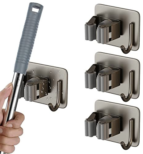 Auvrgmin Ohne Bohren besenhalterung wand 3 Stück，Besenhalter Selbstklebend Edelstahl,Mop Halter Gerätehalter mit Haken für küche badezimmer Garten Balkon(GRAU)