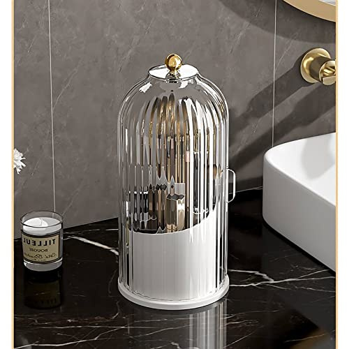 KQJS Makeup Brush Storage Box,360°Rotating Bucket for Easy Access and Additional Storage for Dressing Table Items like Pen Holder,Lipsticks,and Dust-proof Cover Dividers (Transparent White)