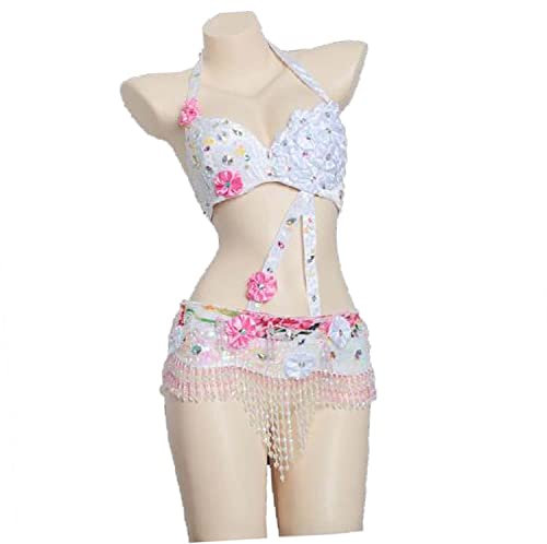 AGAATI Bauchtanz-Kostüme für Damen, Perlen, Karneval, Halloween, Tanz-Outfits, Bauchtanz, BH-Oberteil und Fransengürtel, 2-teiliges Set (BS)