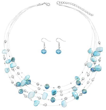 TOFBS Jewelry Sets Boho Shell Beaded Necklaces Colorful Layered Beach Seashell Necklace and Earrings Sets Jewellery Gifts for Her (Blue)