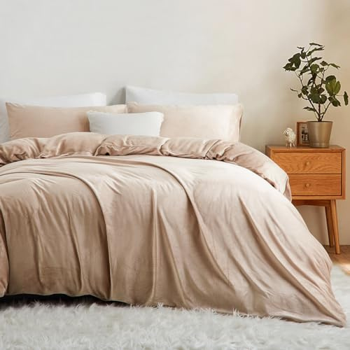 Lanqinglv Flannel Fleece Duvet Cover Set Single Beige Velevt Cozy Thick Teddy Bedding Sets for Girls Teens,Warm Winter Quilt Cover with Zipper Closure and 1 Pillowcase 50x75cm