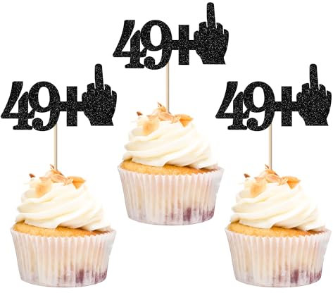 Xsstarmi 24 Pack 50th Birthday Cupcake Toppers Glitter Middle Finger 49+1 Cupcake Toppers Funny Cheers to 50 Fabulous Cupcake Picks Decors for 50th Birthday Anniversary Party Cake Decorations Black