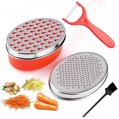 Käsereibe mit Behälter, Edelstahl Reibe für die Küche mit 2 Reibeflächen, Multifunktionale Reibe Häcksler für Käse, Gemüs, Parmesanreibe Kartoffelreibe, mit Reinigungsbürste und Schäler (Rot)