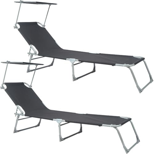 BIXENTE klappbare Gartenliege mit Sonnenschutz 188 cm 2er-Set - Verstellbare Rückenlehne, große Bräunungsfläche, robustes Material (Schwarz)