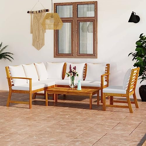 Cozynest Akazienholz Massiv Gartenmöbel 5-TLG. mit Auflagen Lounge Sitzgruppe Sofa Bank Gartenset Sitzgarnitur Ecksofa Mittelsofa Creme