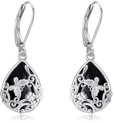 Fjäril örhängen 925 sterlingsilver svart onyx droppar örhängen filigran fjäril smycke present för kvinnor