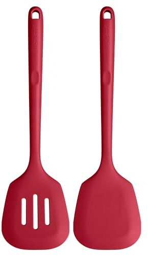 U-Taste Long Silicone Turners Set of 2, 315℃ Heat Resistant, Red | 34.5 cm, Solid & Slotted Kitchen Spatula, Non Stick Flexible Rubber Cooking Flipper for Frying, Flipping Eggs, Fish, Pancake