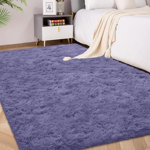 FVVRAX Flauschiger Hochflor Teppich 140x200 cm Grau lila | Extra weicher Shaggy Teppich rutschfest für Wohnzimmer Schlafzimmer | Kuscheliger Bodenteppich für Kinder Haustiere