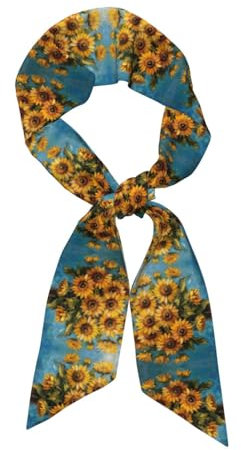 JEJEA Seidiger Halstuch, Motiv: Ölgemälde, Sonnenblumen-Druck, modisch, seidig, Satin, Kopftuch für Damen, leichte Seide, anmutige Schals, Schwarz , One size