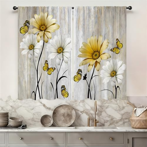 Famiffty Farmhouse Küchengardinen mit Blumenmuster, 60 x 99 cm (B x L), 2 Paneele, Stangentaschen, rustikal, Vintage, gelbe Blume, Gänseblümchen, Landhausstil, Holz, kleine Kurze Café-Ebenen,