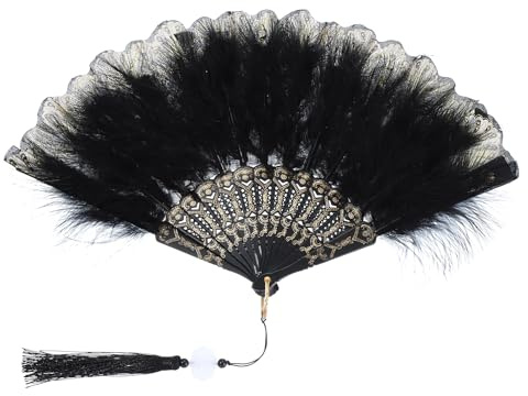 PATIKIL Embroidered Flower Marabou Feather Fan, 1920s Vintage Folding Handheld Fan Chinese Flapper Hand Fan for Costume Party Dancing Wedding Show Tea Decoration, Black