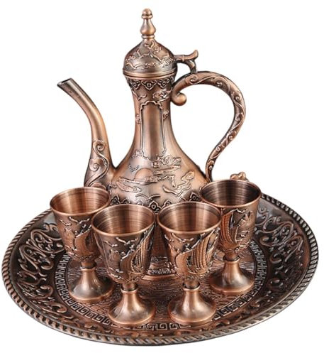 Qianly Metal Wine Pot Kit Vintage Turkish Tea Set Retro for Dining Table Party Bedroom Holiday, Red Bronze