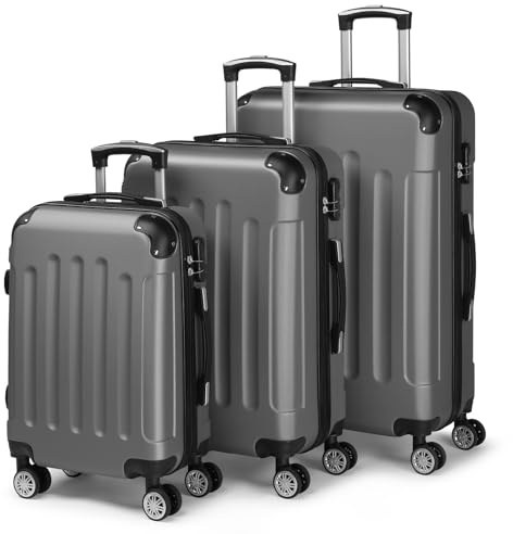 LEADZM Kofferset 3 teilig (Dunkelgrau) | Reisekoffer Set mit Eckenschutz, Koffer Set Hartschalen-Trolley aus ABS mit Teleskopgriff, Handgepäck