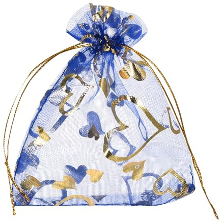 QUARKZMAN Sacchetti Organza, 9 x 12cm, Buste Regalo con Coulisse Cuore in Rete Trasparente, Sacchettini Bomboniere Ingrosso, Sacchetti per Gioielli,(Blu Brillante-Oro, 50Pz)