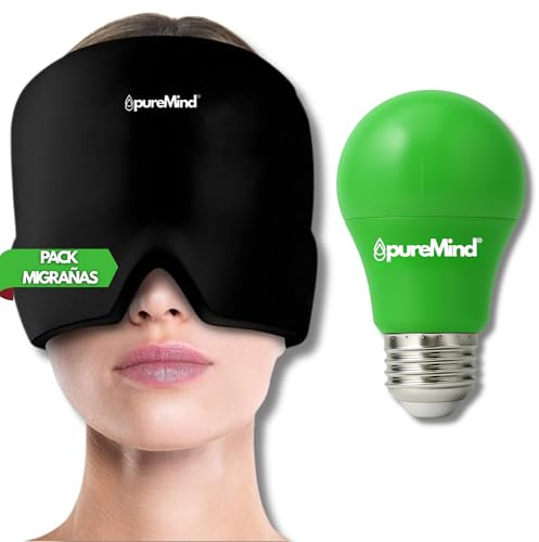 Pack Masque Migraine Gel 360° Froid et Chaud + Ampoule Lumière Verte – Bonnet Anti Migraine Soulagement Naturel des Maux de Tête et Migraines – Masque Froid + Casque Relaxant | PureMind