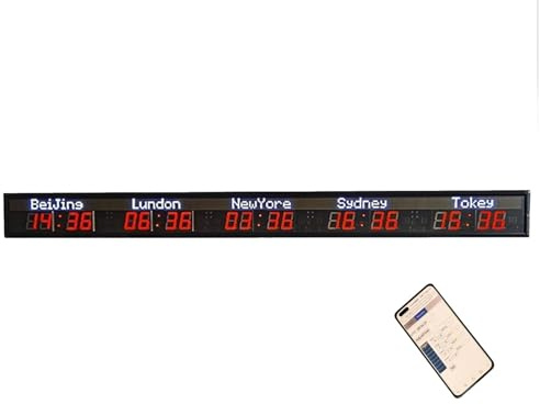 HGTRH Horloge Murale Numérique LED, Horloge Mondiale-5 Villes 5 Niveaux de Réglage de la Luminosité Villes Personnalisées Entreprises Multinationales Hôtels Bureaux