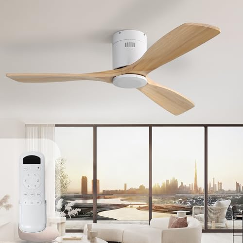 Sofucor 132 cm Ventilador de Techo Madera Sólida, Mando a Distancia | 6 Velocidades, Temporizador, Motor DC, Silencioso Ventilador Techo para Dormitorio Salon