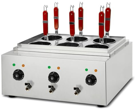 VERTES Cuocipasta Professionale in Acciaio Inox, Elettrico, 3x 1700W, 3 Vasche di Cottura Separate da 6 Litri ciascuna, 6 Cestelli per la Pasta, 3x Rubinetto di Scarico, 3x Impostazione Temperatura