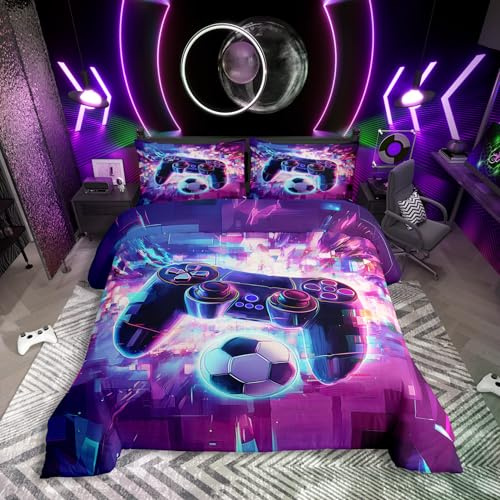 Homewish Juego de ropa de cama Gaming 135x200 para niños, juego de cama con diseño geométrico de gamepad para niños, juego de cama de fútbol para niños, juego de cama 3D con cubos de fútbol neón
