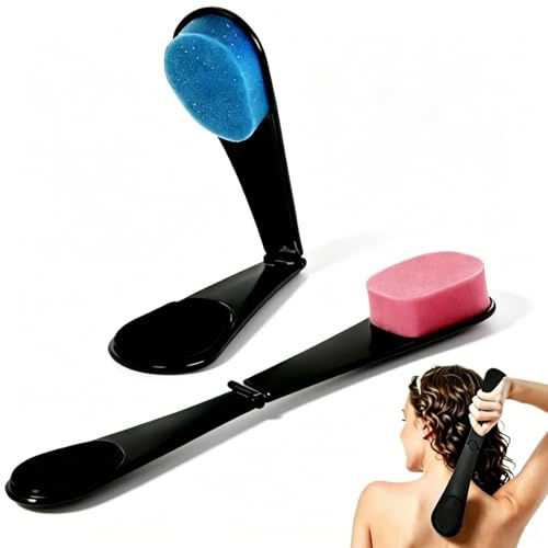 Self-Tanning Back Applicator, Reusable Application Tool, Long Handle Back Cream Applicator with Foldable Design, Portable Self-Tanning and Moisturiser Tool for Tanning Lotion, Mousse (Blue+Pink 2 Pcs)