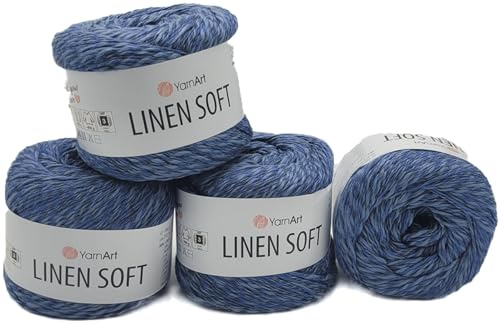 4 x 100g Ilkadim Export Linen Soft Strickwolle mit Leinen, Viskose und Baumwolle. 400 Gramm hochwertiges weiches Garn, Strickgarn (blau 7318)