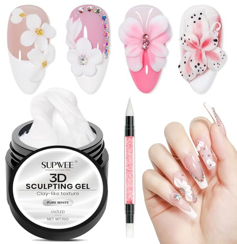 SUPWEE 3D Nail Gel Sculpting Gel Art, 15g Pure White Nail Sculpting Gels | Non Stick Hand Clay-like Texture 3D Modeling Carving Gels with Nails Art Pen for Manicures DIY Salon at Home