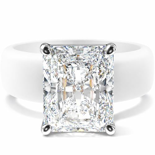Rinfit Silicone Ring with Stone - Emerald Cut Cubic Zirconia Solitaire Engagement Ring for Women - Rubber Wedding Bands - White/Silver - Size 8