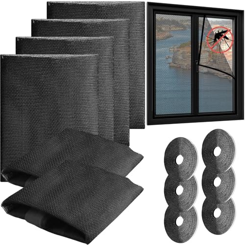 6 Pezzi Zanzariera Finestra con 6 Rotoli Nastri Autoadesivi, Rete Anti-Insetti 130 x 150 cm, Zanzariere Finestre Facile Installazione, Protezione Adesiva Ritagliabile per Porte Cucina (Nero)