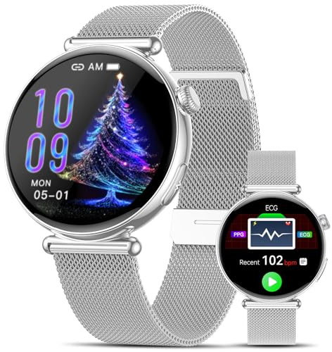Smartwatch Donna ECG/HRV/BMI/Lipidi/Acido Urico, 1.32 AMOLED Orologio Smartwatch con Voce AI/Quadrante AI, 24H Pressione Sanguigna,Temperatura, SpO2, Sonno, Piccolo Elegante, iOS/Android, Argento