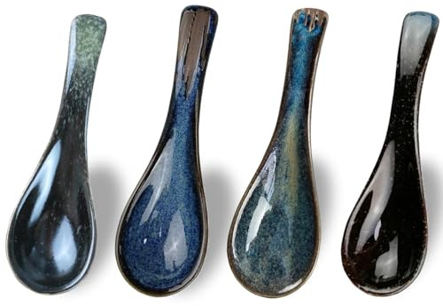 Asiatische Suppenlöffel Set, 4 Stücke Japanische Art-Blaue Keramik Suppenlöffel, Ramen löffel, kreative Porzellanlöffel für Suppen, Retro Porzellan Löffel Reislöffel für Getreide Eintöpfe
