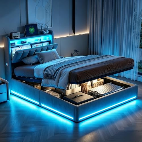 Polsterbett 90x200 cm, LED Einzelbett mit Staufach-Kopfteil und USB-Anschlüssen, Jugendbett 90x200 mit Hydraulischer Stauraum, Gästebett Funktionsbett Stauraumbett Bettgestell mit Lattenrost,Samt