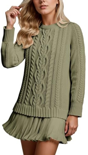 Generisch Strickkleid Damen Longpullover Elegant - Mit Kabelstruktur Langarm Leichter Arc-Saum Rundhals Pulli Winterkleid Oversize Winterpullover Strickpullover Langarmshirt Oberteile S-3XL